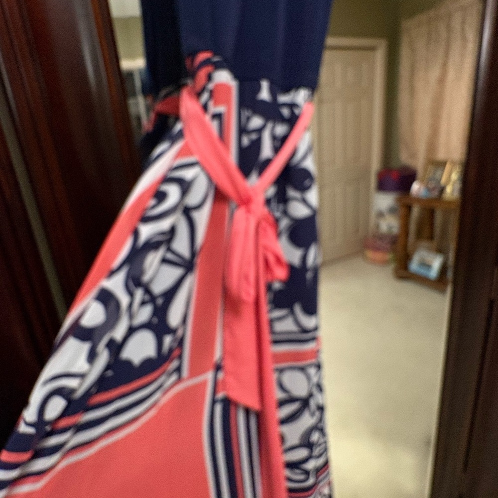 Navy and Coral Patterned Maxi Dress. Lightweight, sleeveless.